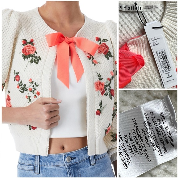 Alice + Olivia Kitty Floral Puff Sleeve Bow Tie Cardigan Sweater - Picture 15 of 17